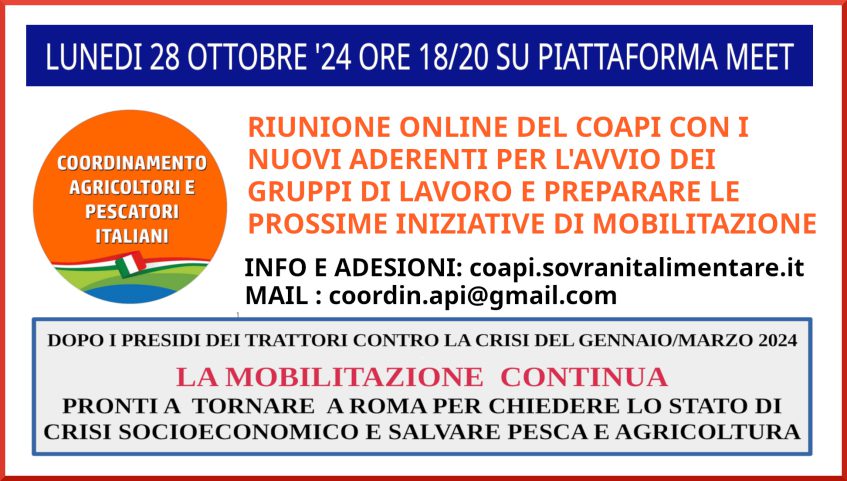 La crisi avanza. Il COAPI chiama all’unità e alla mobilitazione. Altragricoltura c’è.