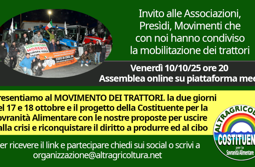 Altragricoltura al Movimento dei trattori: la mobilitazione ha bisogno di rappresentanza.